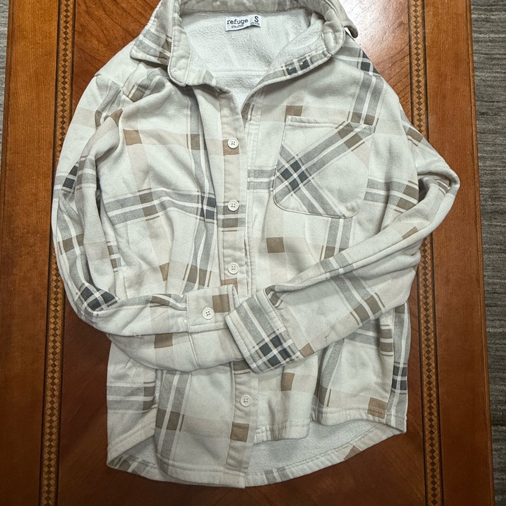 Refuge Plaid Button Down Shirt - Cream and Brown